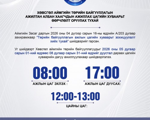ХӨВСГӨЛ АЙМГИЙН "ТӨРИЙН БАЙГУУЛЛАГЫН АЖИЛТАН АЛБАН ХААГЧДЫН АЖИЛЛАХ ЦАГИЙН ХУВААРЬТ ӨӨРЧЛӨЛТ ОРУУЛАХ ТУХАЙ" АЙМГИЙН ЗАСАГ ДАРГЫН ШИЙДВЭР ГАРЛАА.